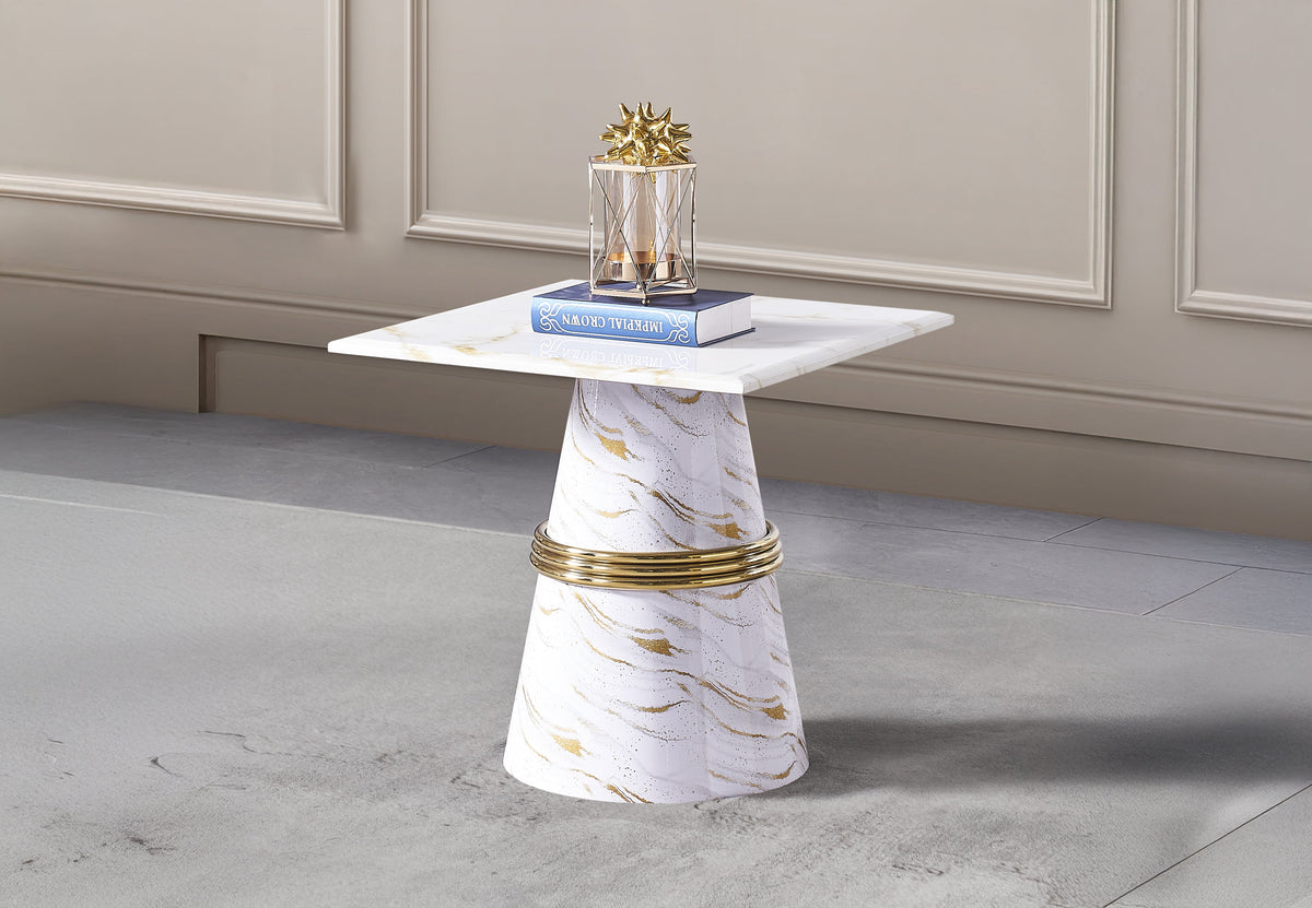 Erica contemporary white marble end table with a gold sculptural pedestal base.