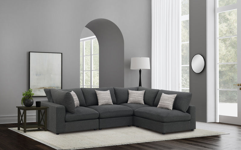 Serene Modular Sectional Sofa, Armless Chair & Ottoman - Charcoal Linen-Blend with Feather-Blend Cushions