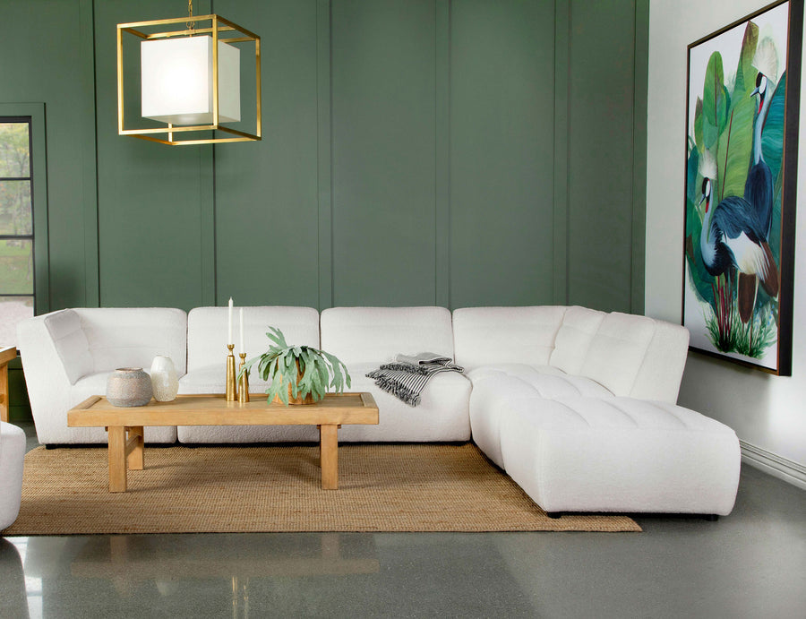 Sunny Modular Sectional Sofa - Ivory Faux Sheepskin Sherpa with Channel Tufting, 6-Piece Set, Armless Chair & Ottoman