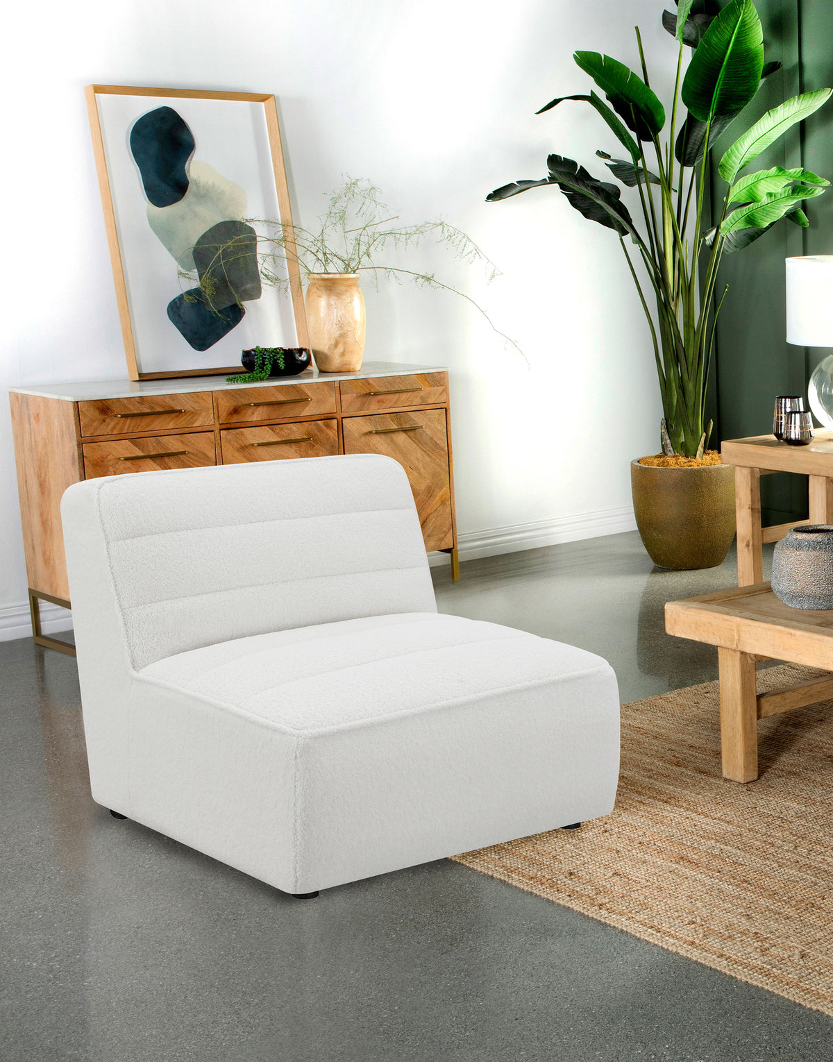 Sunny Modular Sectional Sofa - Ivory Faux Sheepskin Sherpa with Channel Tufting, 6-Piece Set, Armless Chair & Ottoman – view 2