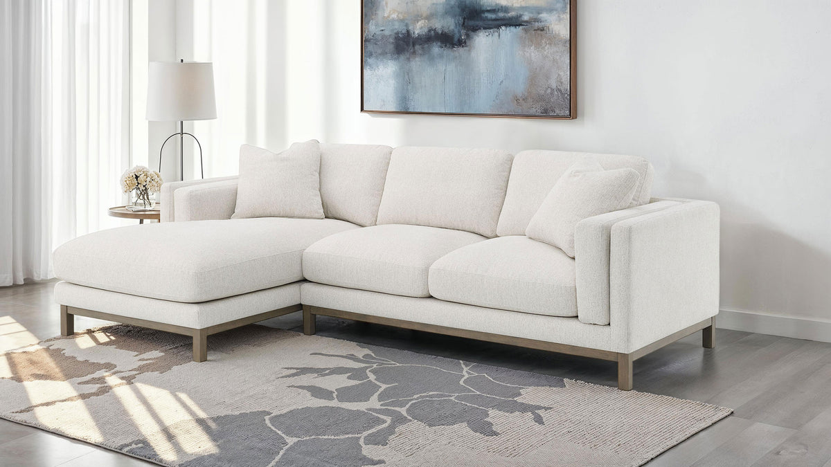 Geneva Boucle Sectional with Left Chaise & Wood Arm Accent Chair - Sand on Ash Brown Wood Base – view 1