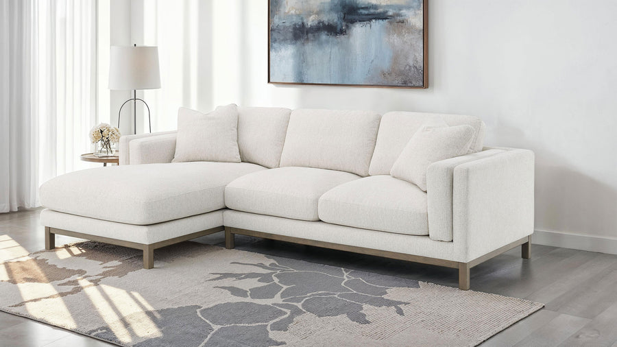 Geneva Boucle Sectional with Left Chaise & Wood Arm Accent Chair - Sand on Ash Brown Wood Base