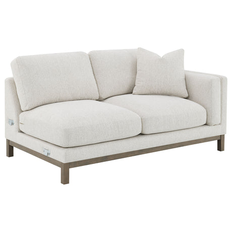 Geneva Boucle Sectional with Left Chaise & Wood Arm Accent Chair - Sand on Ash Brown Wood Base – view 8