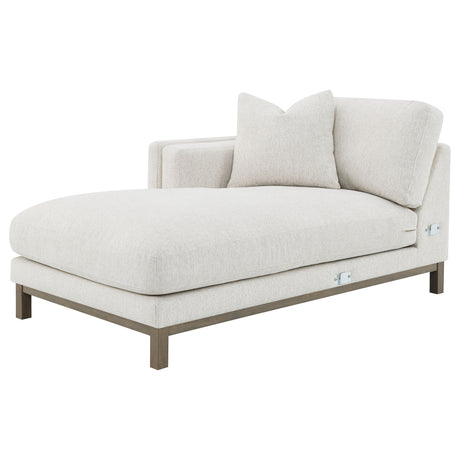 Geneva Boucle Sectional with Left Chaise & Wood Arm Accent Chair - Sand on Ash Brown Wood Base – view 15