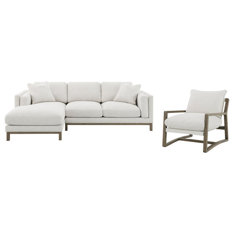 Geneva Boucle Sectional with Left Chaise & Wood Arm Accent Chair - Sand on Ash Brown Wood Base – view 18