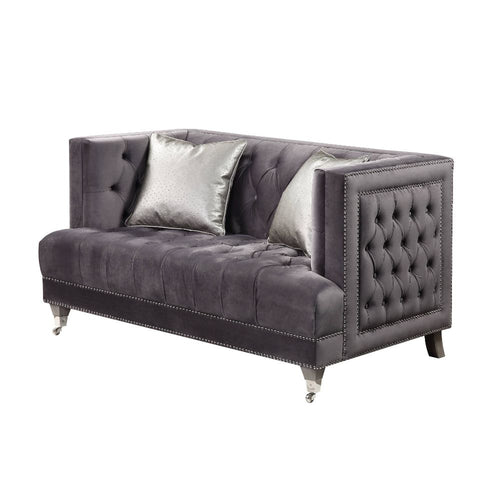Hegio Chesterfield Loveseat - Deep Button Tufting & Nailhead Trim in Gray Velvet