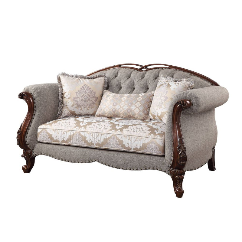 Miyeon Loveseat, Chair & Marble End Table - Nailhead Trim & Carved Queen Anne Legs in Cherry