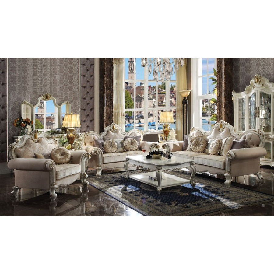 Picardy Traditional Sofa, Loveseat & Chair - Tufted Backs with Scrolled Crown Moldings in Antique Pearl or Honey Oak