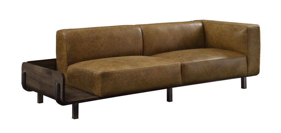 Blanca Top Grain Leather Sofa - Built-In Wood Side Table in Chestnut & Rustic Oak