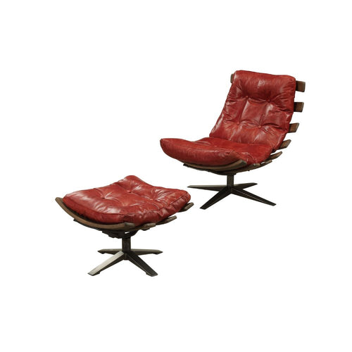 Gandy Swivel Lounge Chair & Ottoman - Button Tufted Top Grain Leather in Antique Red