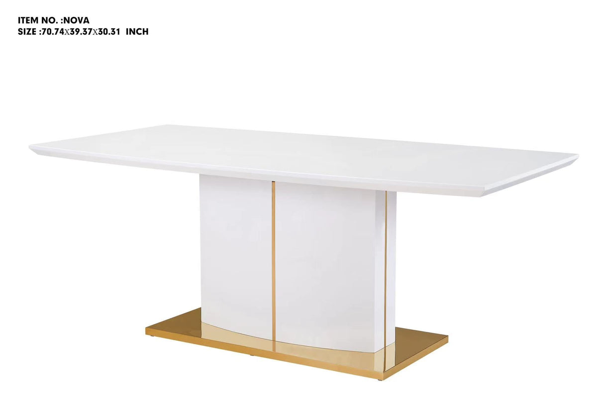 Detail view of the sleek white lacquered tabletop and architectural gold-finished metal base of the Nova dining table.