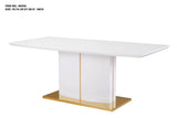 Detail view of the sleek white lacquered tabletop and architectural gold-finished metal base of the Nova dining table.