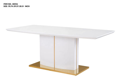 Detail view of the sleek white lacquered tabletop and architectural gold-finished metal base of the Nova dining table.