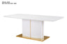 Detail view of the sleek white lacquered tabletop and architectural gold-finished metal base of the Nova dining table.