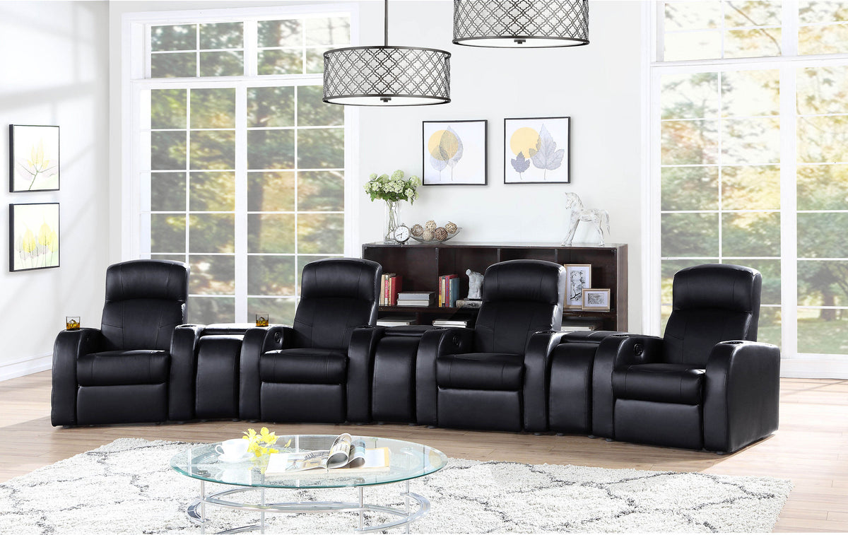 Cyrus Top Grain Leather Recliner & Home Theater Seating - Wall-Hugger Recliners with Storage Consoles in Black - lifestyle