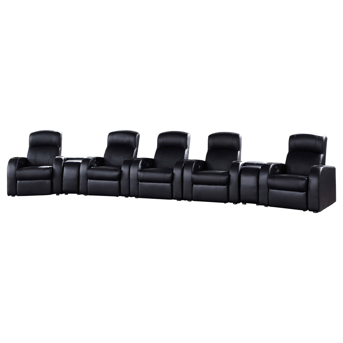 Cyrus Top Grain Leather Recliner & Home Theater Seating - 7pcs- 5 Recliners + 2 Wedge Consoles