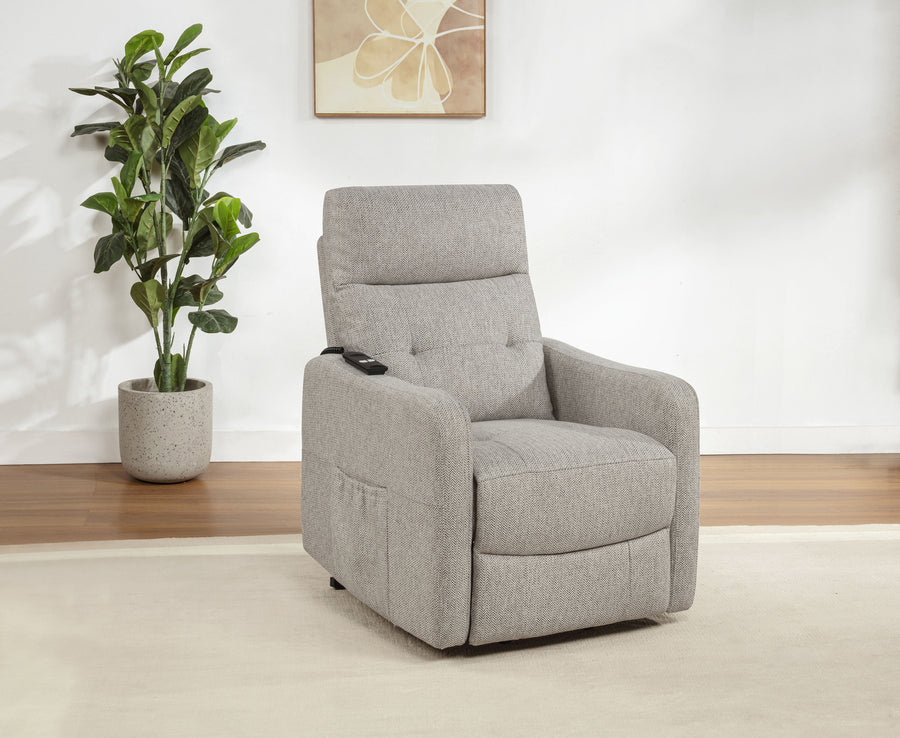 Dayes Power Lift Recliner Chair - Plush Pillow Arms & Tall Back in Taupe Fabric