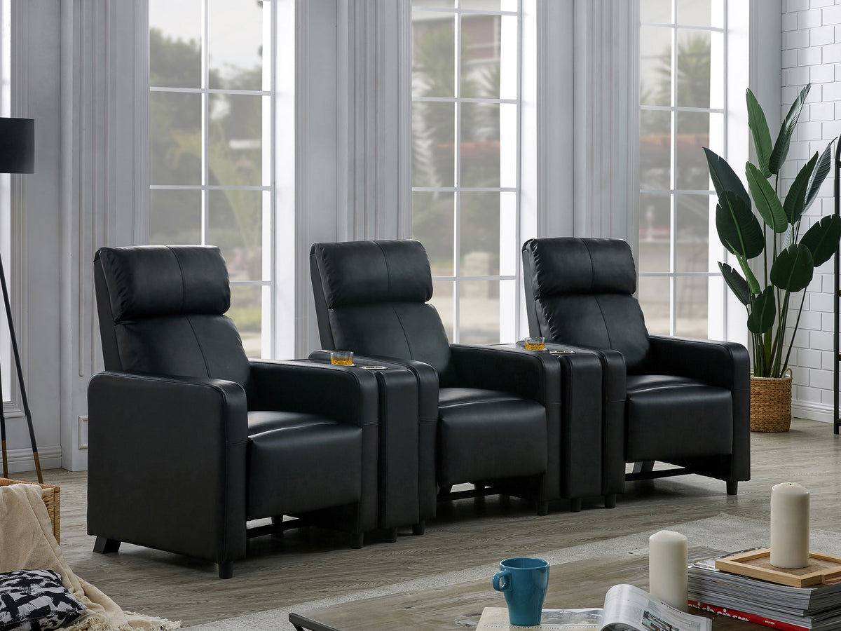 Toohey Push-Back Home Theater Recliners & Seating Sets - Black Leatherette with Gel Memory Foam & Cupholder Consoles - lifestyle