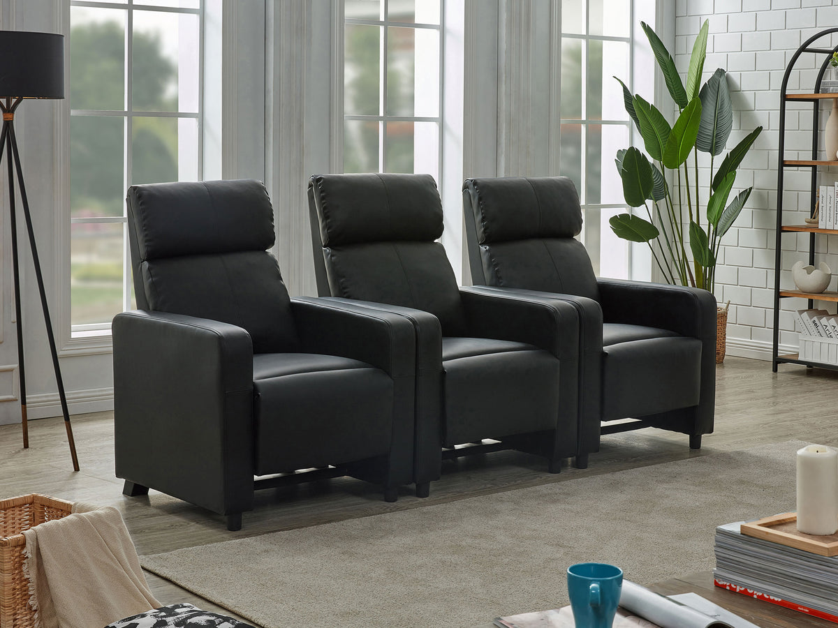 Toohey Push-Back Home Theater Recliners & Seating Sets - Black Leatherette with Gel Memory Foam & Cupholder Consoles - lifestyle
