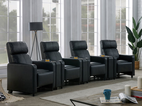 Toohey Push-Back Home Theater Recliners & Seating Sets - Black Leatherette with Gel Memory Foam & Cupholder Consoles - lifestyle