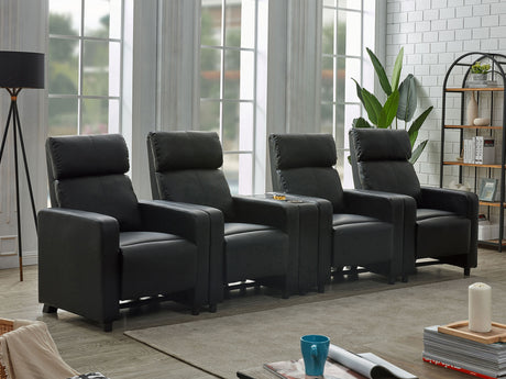 Toohey Push-Back Home Theater Recliners & Seating Sets - Black Leatherette with Gel Memory Foam & Cupholder Consoles - lifestyle