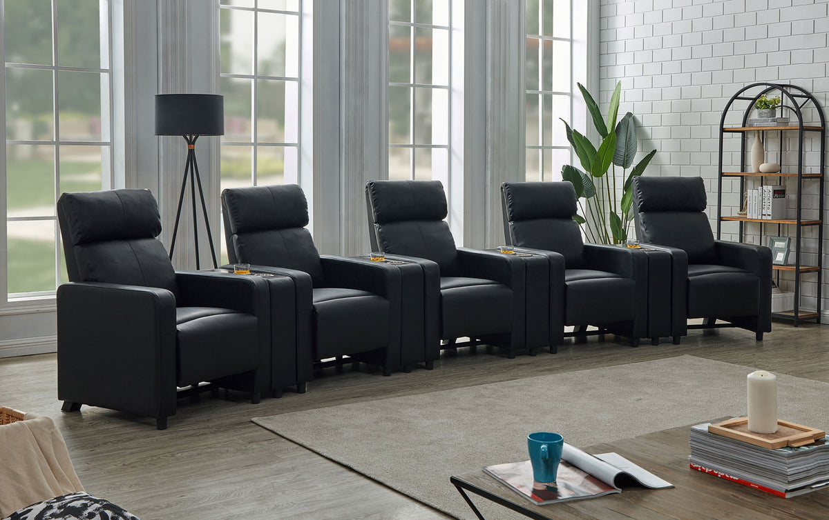Toohey Push-Back Home Theater Recliners & Seating Sets - Black Leatherette with Gel Memory Foam & Cupholder Consoles - lifestyle