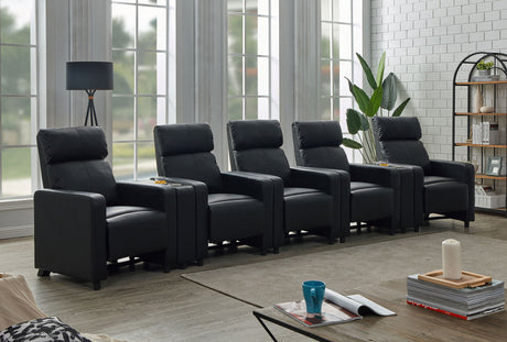Toohey Push-Back Home Theater Recliners & Seating Sets - Black Leatherette with Gel Memory Foam & Cupholder Consoles - lifestyle