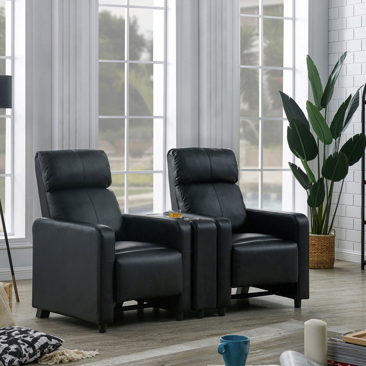 Toohey Push-Back Home Theater Recliners & Seating Sets - Black Leatherette with Gel Memory Foam & Cupholder Consoles - lifestyle
