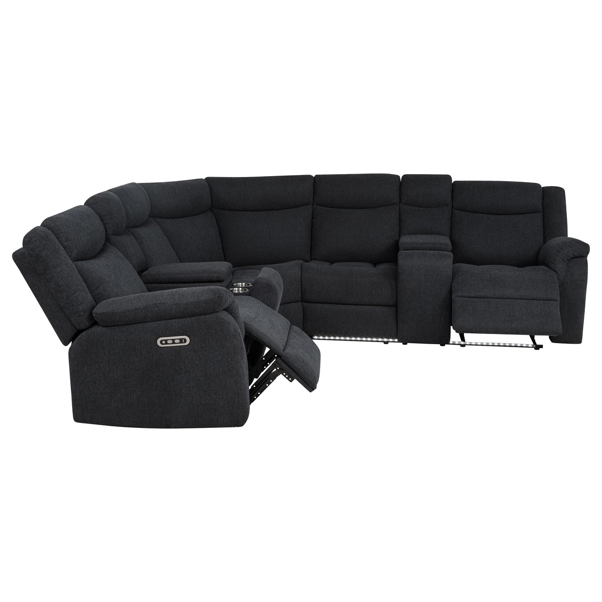 Hagen 3-Piece Power Reclining Sectional with LED Base Lighting & USB - Curved Steel Grey Fabric – view 7