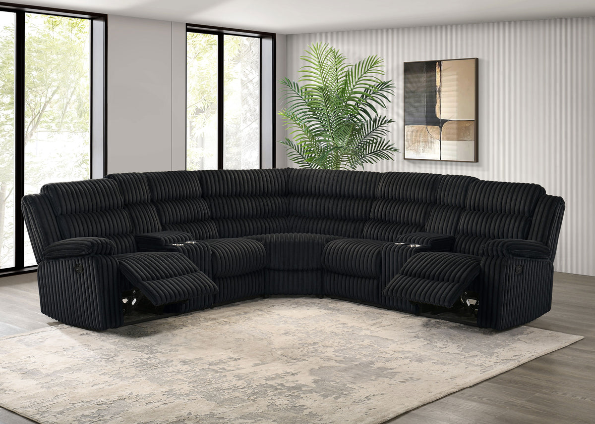 Atkinson 3-Piece Reclining Sectional Sofa - Black Wide-Wale Corduroy with Storage Consoles & Cup Holders – view 3