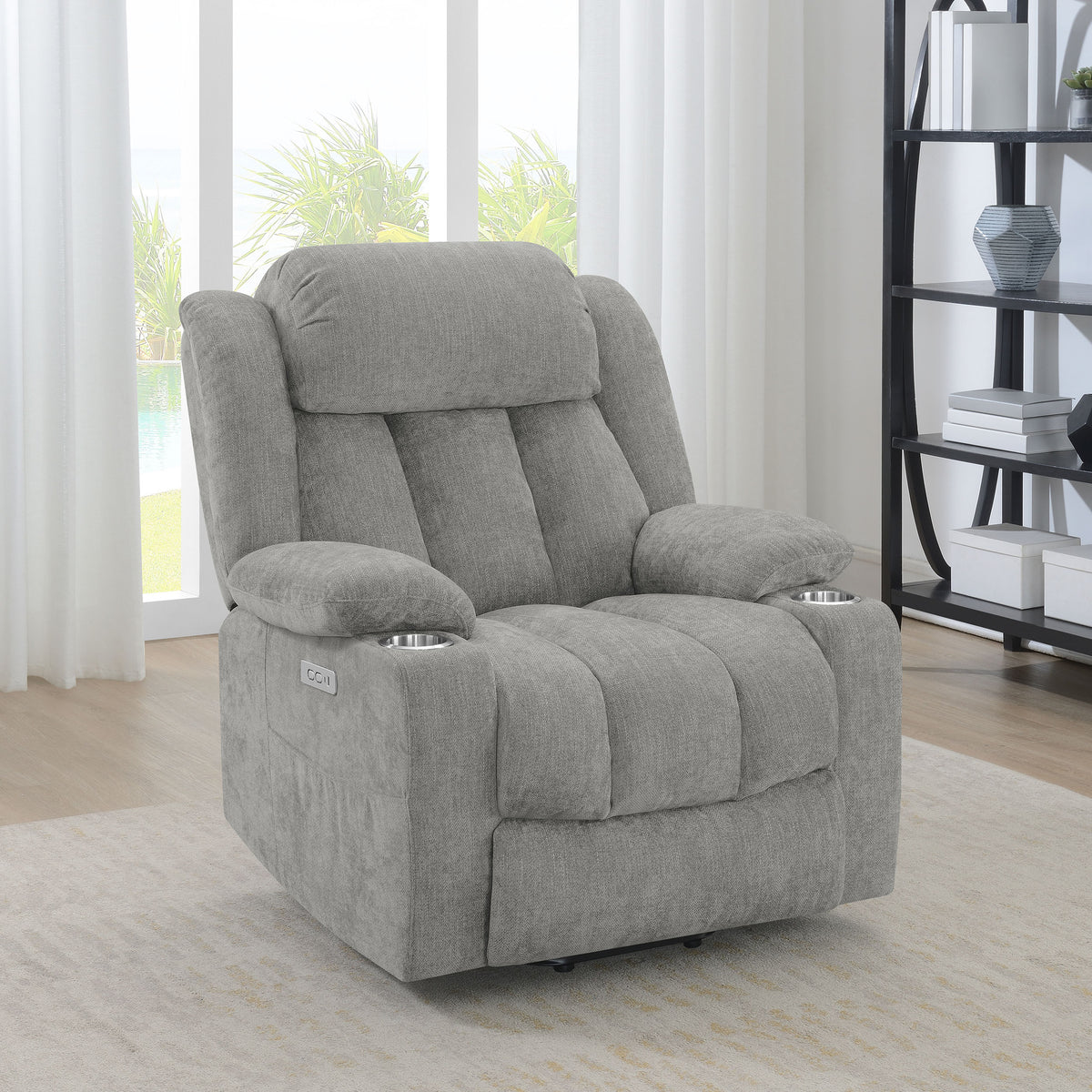Houston Power Lift Recliner with USB Port - Overstuffed Grey Chenille with Pillowtop Arms & Cupholders – view 1
