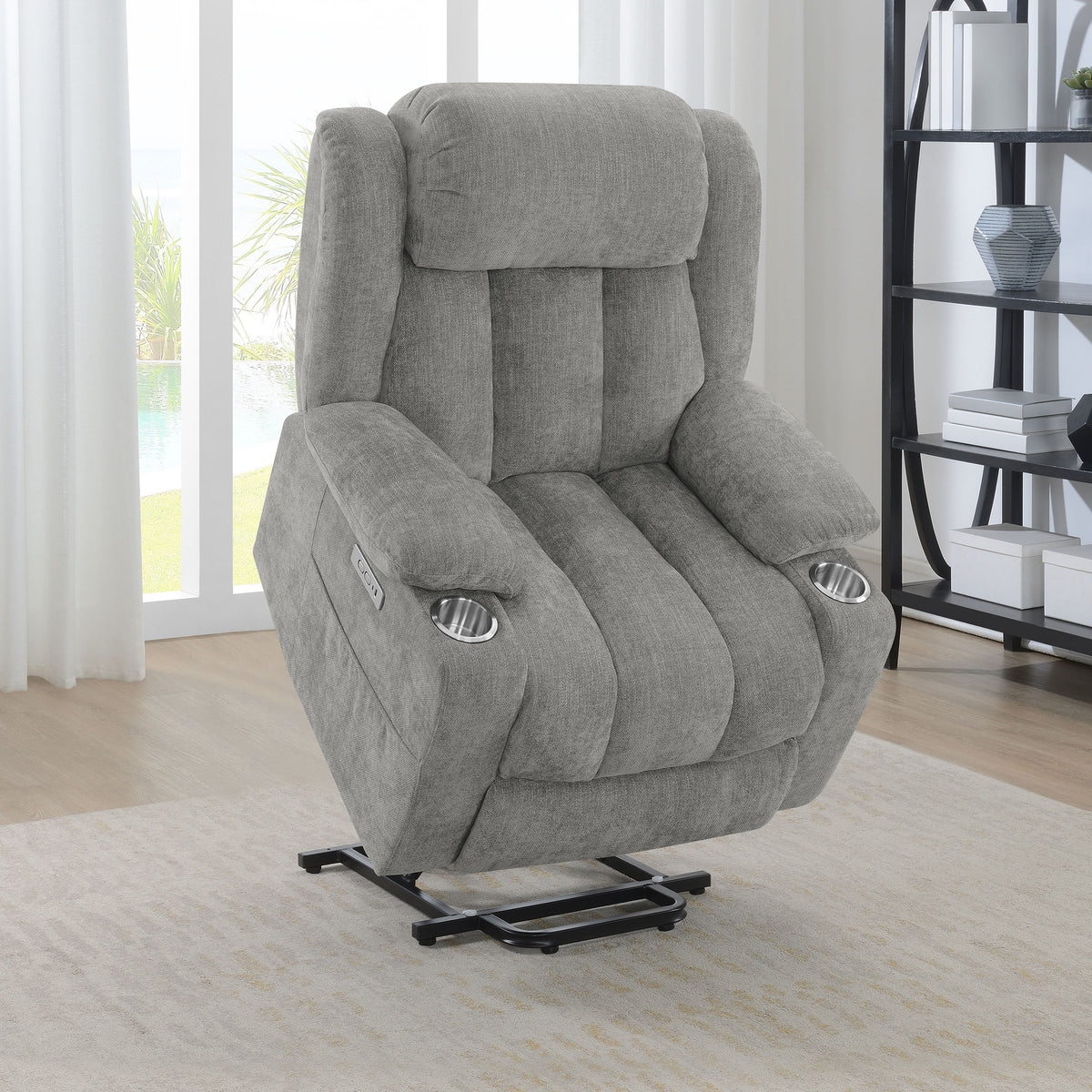 Houston Power Lift Recliner with USB Port - Overstuffed Grey Chenille with Pillowtop Arms & Cupholders – view 4