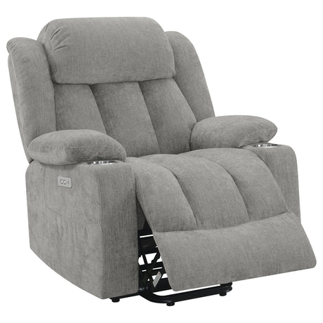 Houston Power Lift Recliner with USB Port - Overstuffed Grey Chenille with Pillowtop Arms & Cupholders – view 5