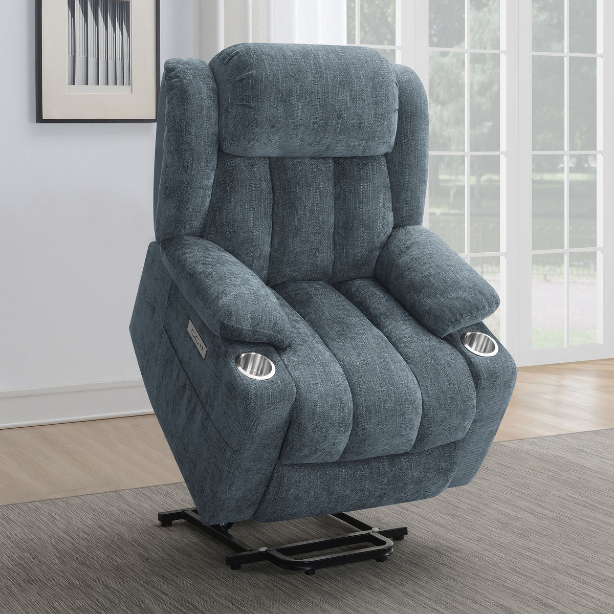 Houston Power Lift Recliner with USB - Overstuffed Slate Blue Chenille with Pillowtop Arms – view 4