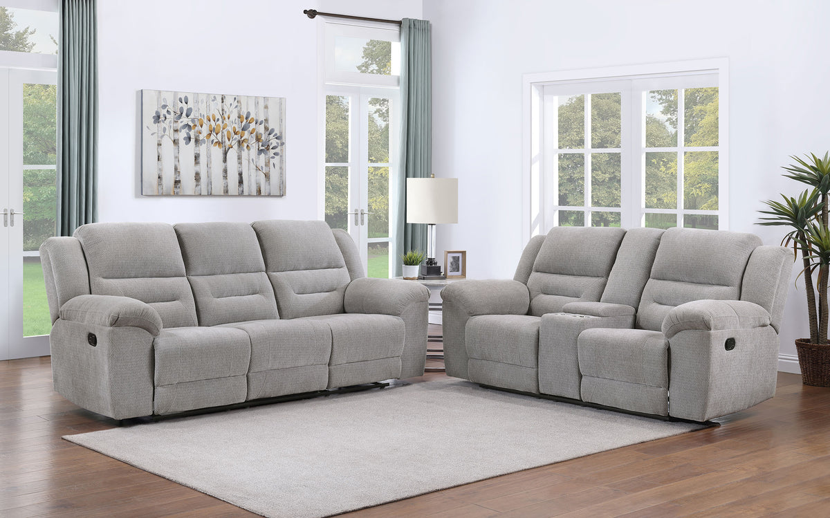 Gilson Reclining Sofa, Console Loveseat & Glider Recliner - Grey Chenille with Pillow Top Arms, Manual Recline - lifestyle