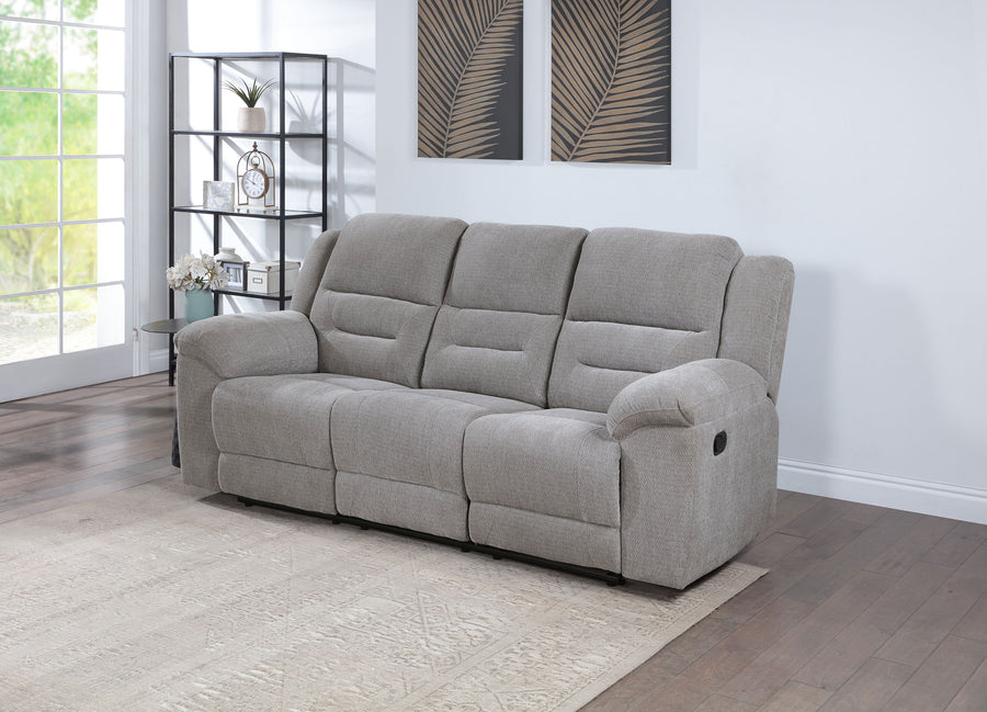 Gilson Reclining Sofa, Console Loveseat & Glider Recliner - Grey Chenille with Pillow Top Arms, Manual Recline