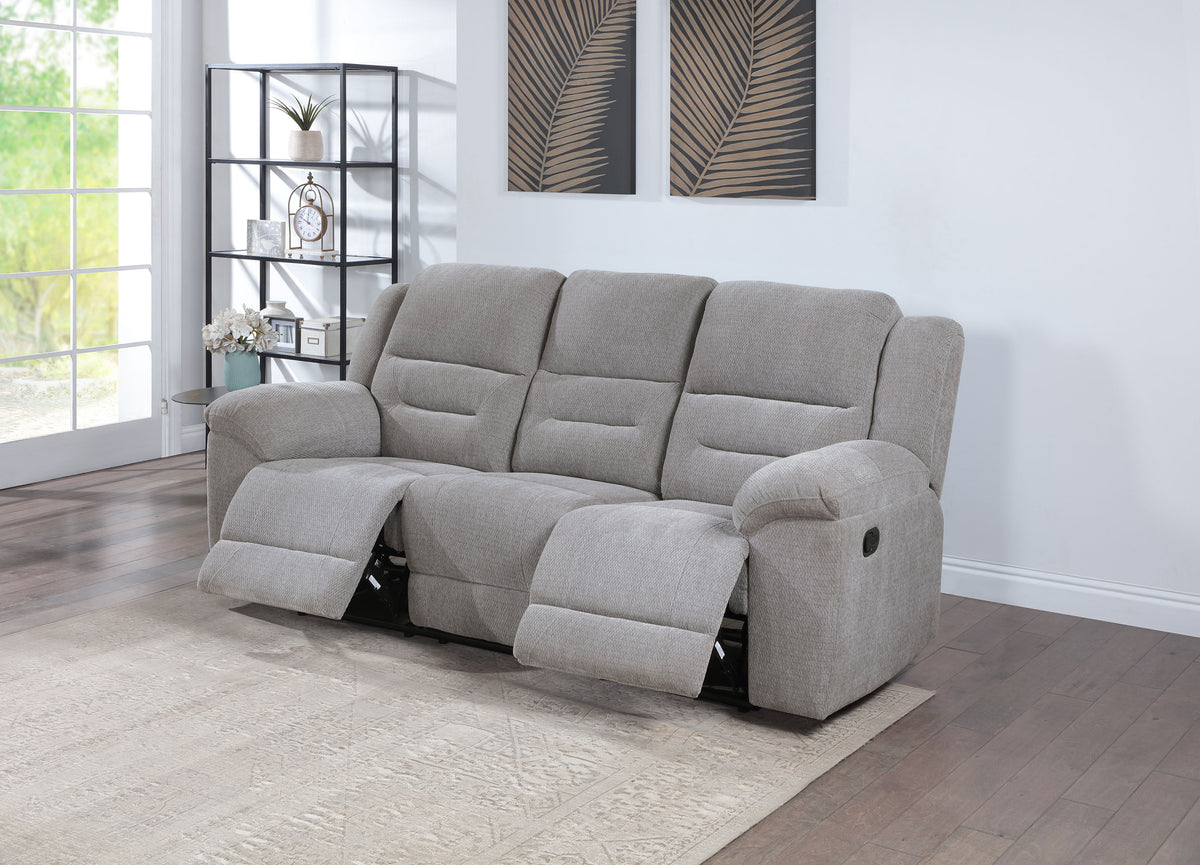Gilson Reclining Sofa, Console Loveseat & Glider Recliner - Grey Chenille with Pillow Top Arms, Manual Recline – view 7