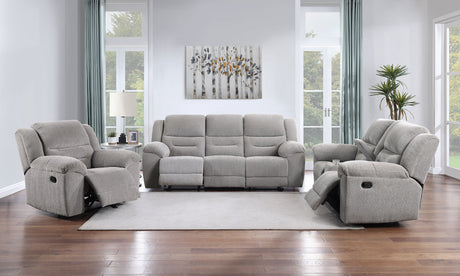 Gilson Reclining Sofa, Console Loveseat & Glider Recliner - Grey Chenille with Pillow Top Arms, Manual Recline – view 16