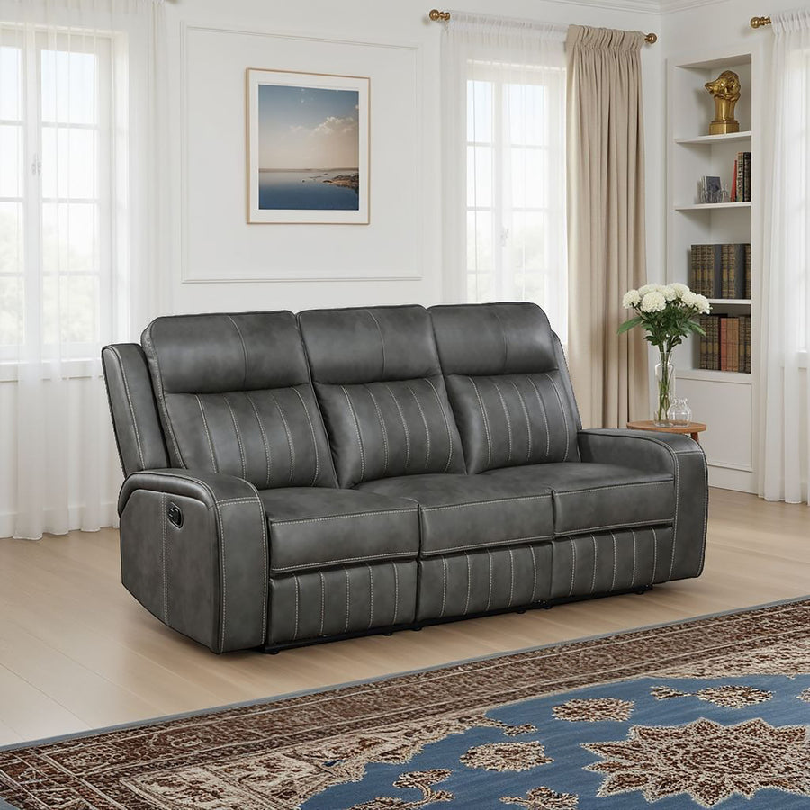 Raelynn Wall-Hugger Reclining Sofa, Loveseat & Recliner - Grey Leatherette with Vertical Topstitching