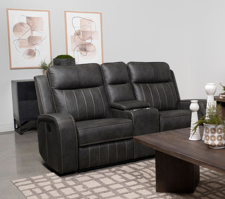 Raelynn Wall-Hugger Reclining Sofa, Loveseat & Recliner - Grey Leatherette with Vertical Topstitching – view 2