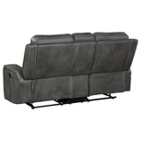 Raelynn Wall-Hugger Reclining Sofa, Loveseat & Recliner - Grey Leatherette with Vertical Topstitching