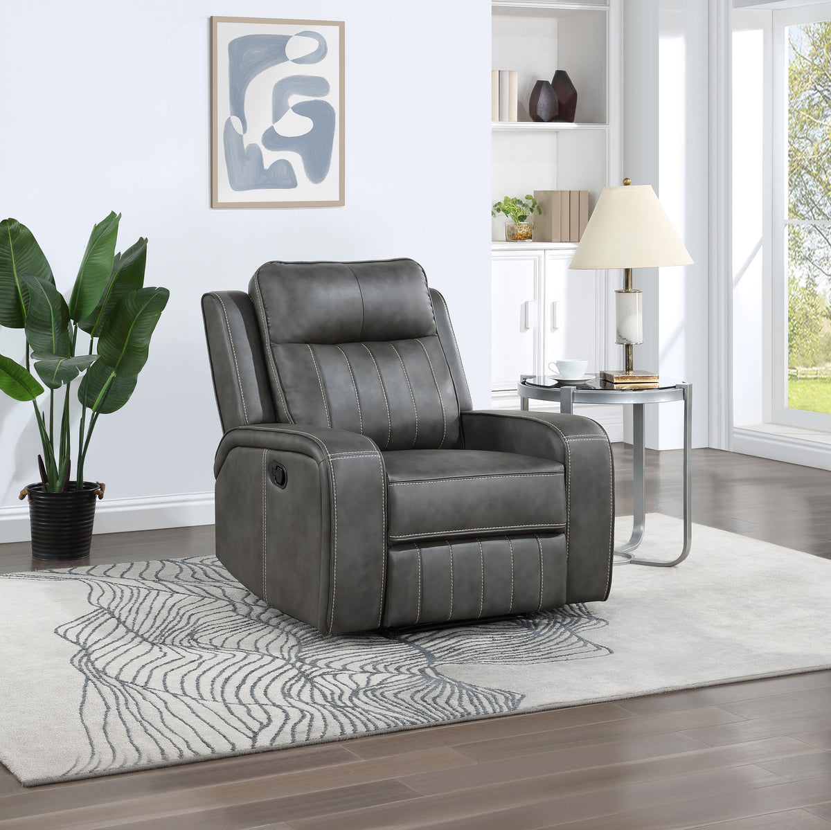 Raelynn Wall-Hugger Reclining Sofa, Loveseat & Recliner - Grey Leatherette with Vertical Topstitching - lifestyle