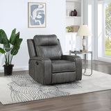 Raelynn Wall-Hugger Reclining Sofa, Loveseat & Recliner - Grey Leatherette with Vertical Topstitching - lifestyle
