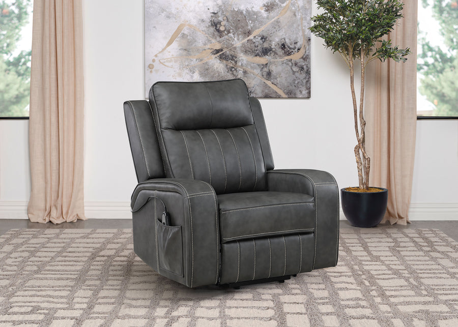 Raelynn Power Lift Recliner - Grey Faux Leather with Track Arms, Remote & Side Pocket