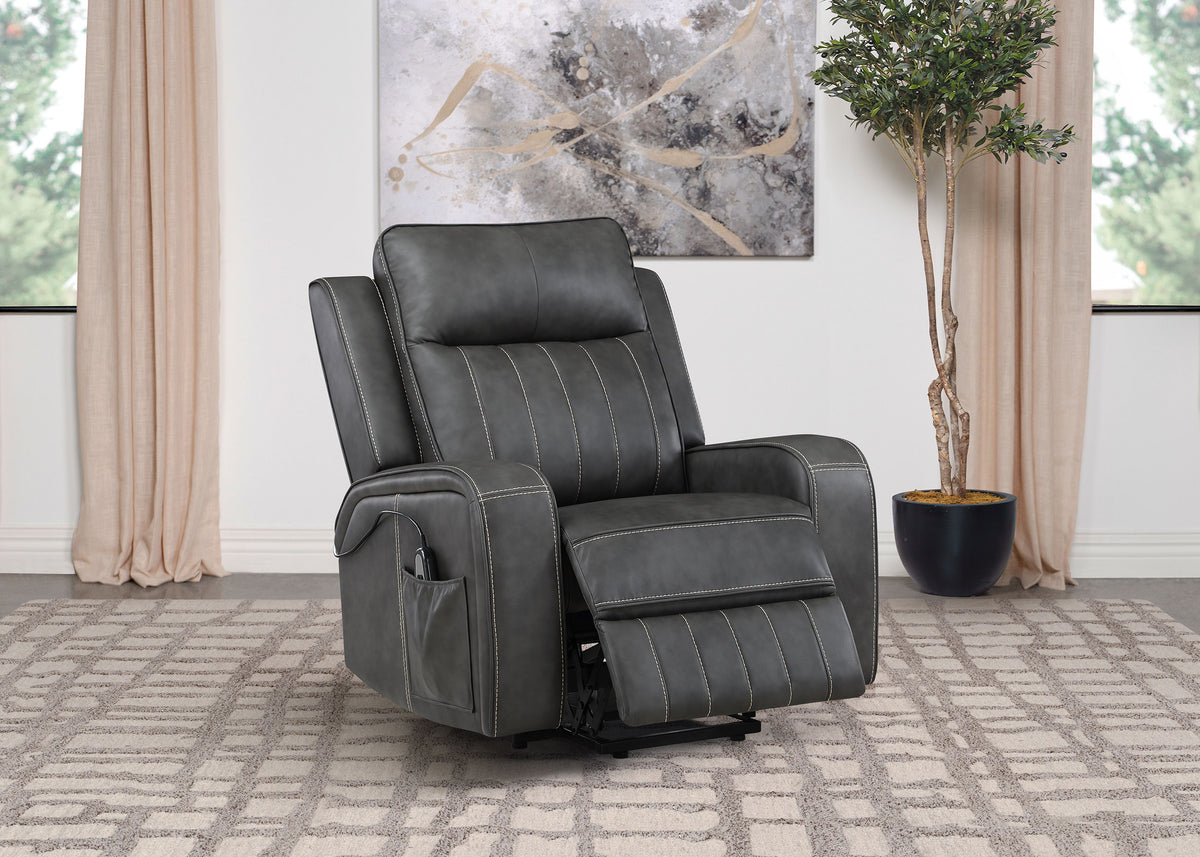 Raelynn Power Lift Recliner - Grey Faux Leather with Track Arms, Remote & Side Pocket – view 3