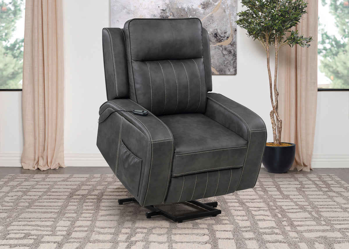 Raelynn Power Lift Recliner - Grey Faux Leather with Track Arms, Remote & Side Pocket – view 4