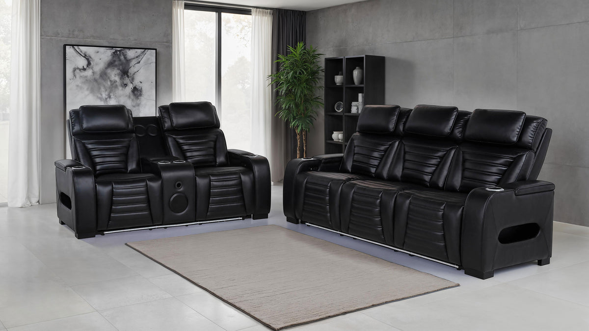 Zuma Dual Power Reclining Sofa, Loveseat & Recliner - Black Leatherette with USB, LED Under Glow & Bluetooth - lifestyle