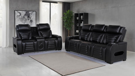 Zuma Dual Power Reclining Sofa, Loveseat & Recliner - Black Leatherette with USB, LED Under Glow & Bluetooth - lifestyle