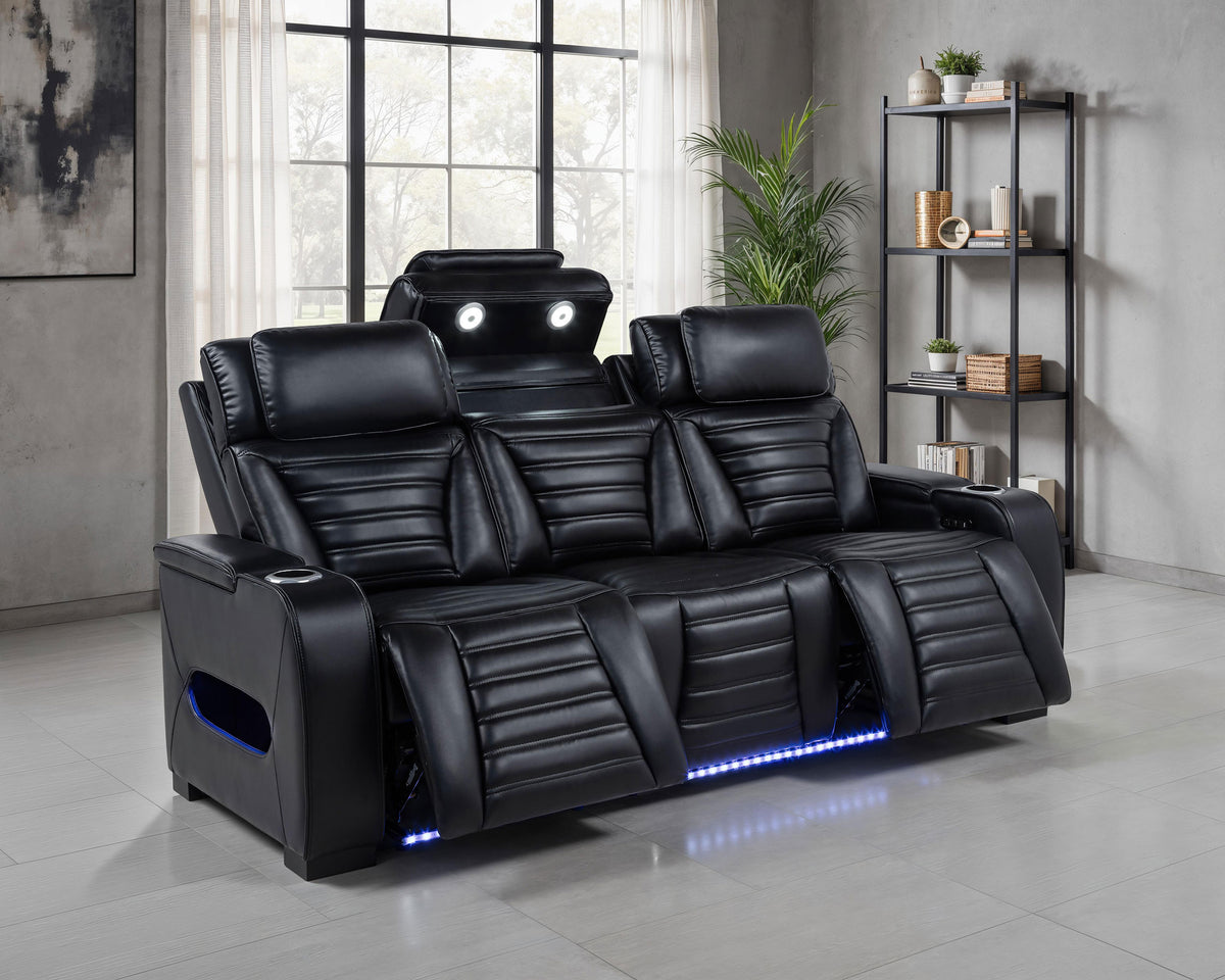 Zuma Dual Power Reclining Sofa, Loveseat & Recliner - Black Leatherette with USB, LED Under Glow & Bluetooth – view 7