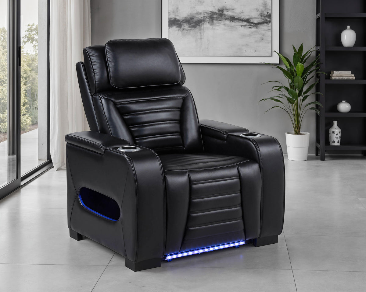 Zuma Dual Power Reclining Sofa, Loveseat & Recliner - Black Leatherette with USB, LED Under Glow & Bluetooth - lifestyle